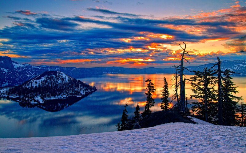 Crater Lake at Sunset — Blue, Dramatic, Photograph, Snow