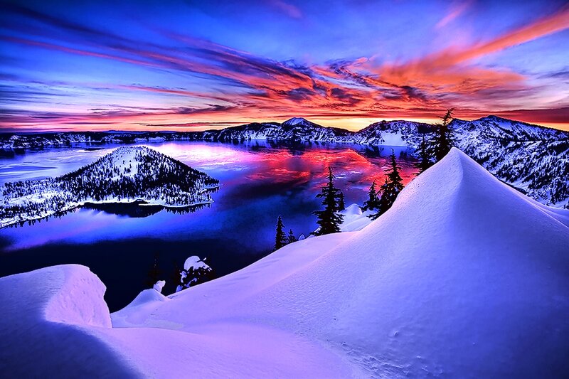 Crater Lake at Sunset — Blue, Dramatic, Photograph