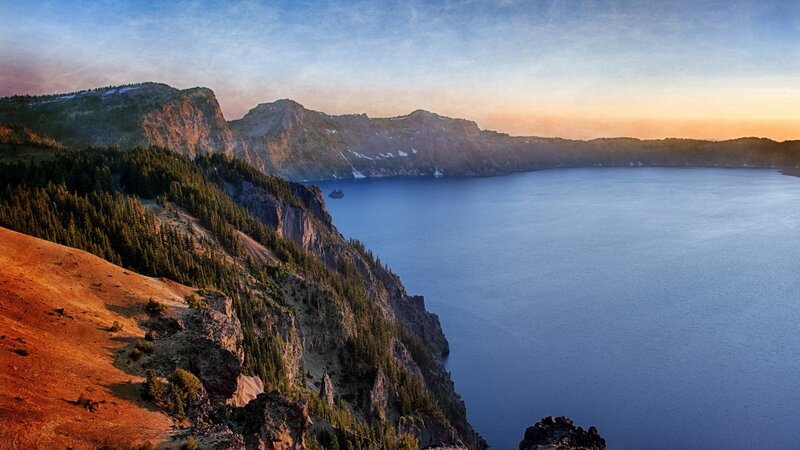 Crater Lake at Sunset — Blue, Serene, Photograph, Mountains, Forest