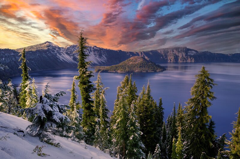 Crater Lake at Sunset — Blue, Serene, Photograph, Snow-covered Trees