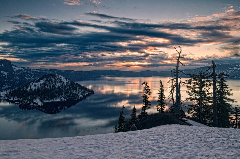 Crater Lake at Sunset — Blue, Serene, Photograph, Snow, Trees, Mountains