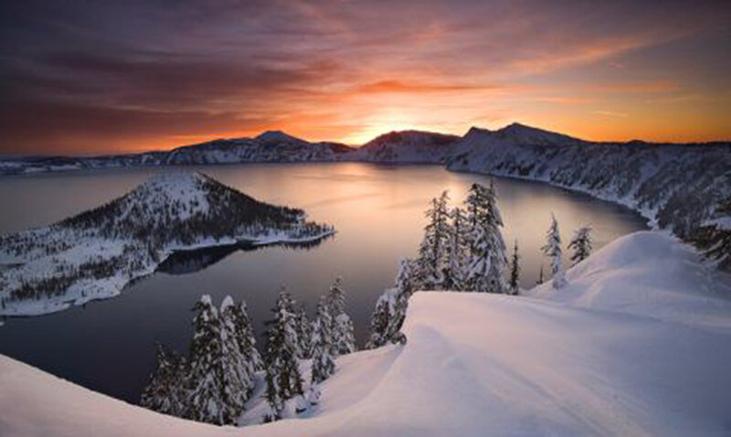 Crater Lake at Sunset — Orange, Serene, Photograph, Snow, Mountains
