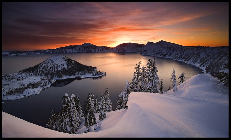 Crater Lake at Sunset — Orange, Serene, Photograph, Snow