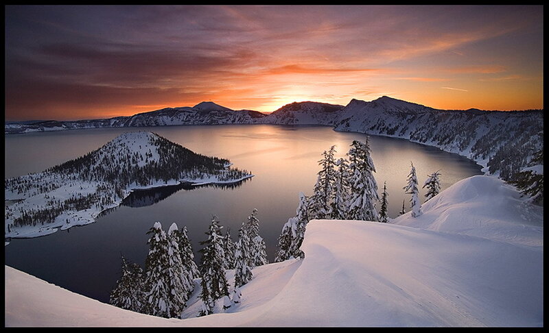 Crater Lake at Sunset — Orange, Serene, Photograph, Snow, Trees