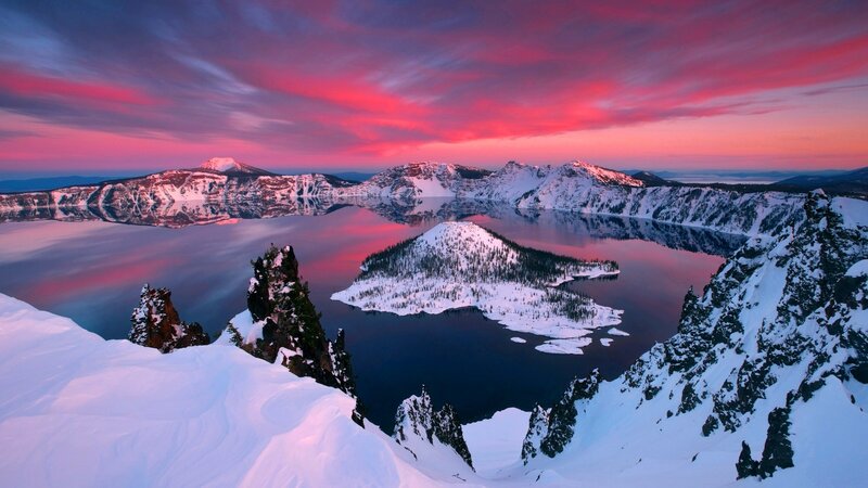 Crater Lake at Sunset — Pink, Dramatic, Photograph