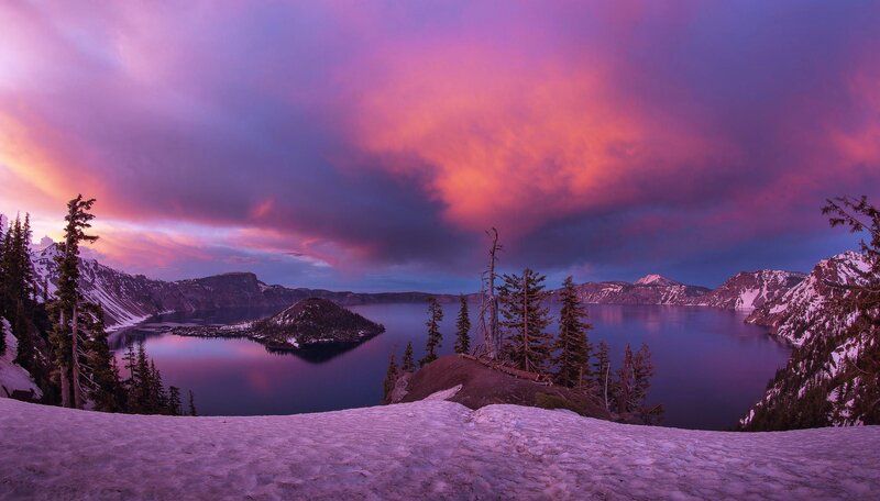 Crater Lake at Sunset — Purple, Dramatic, Photograph