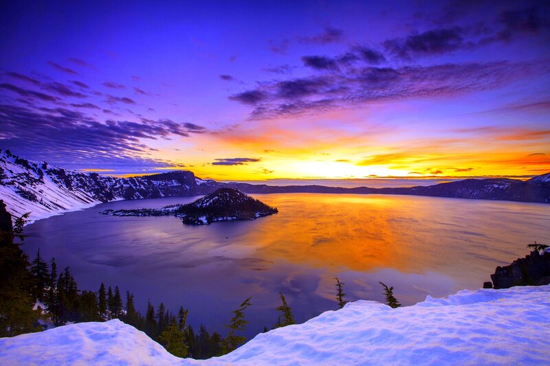 Crater Lake at Sunset — Purple, Dramatic