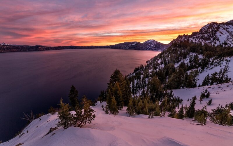Crater Lake at Sunset — Purple, Serene, Photograph, Snow