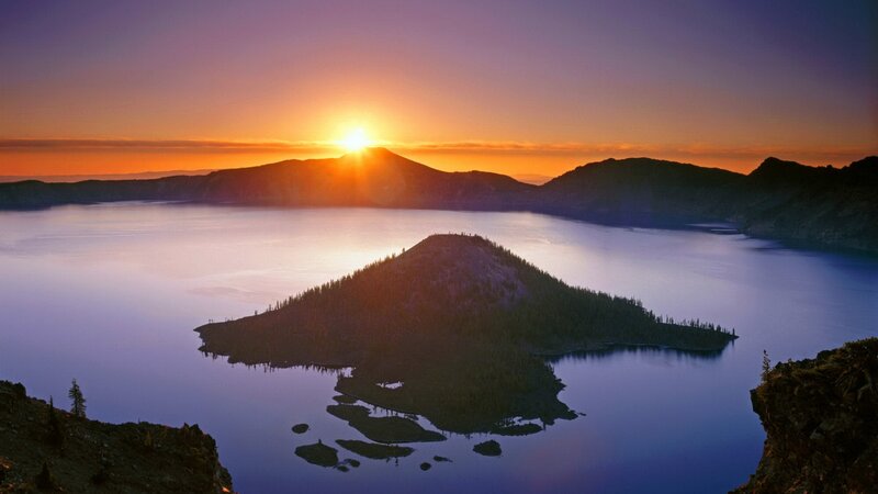 Crater Lake at Sunset — Purple, Serene, Photograph, Sun