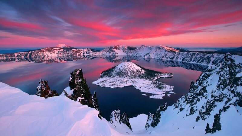 Crater Lake at Sunset — Red, Dramatic