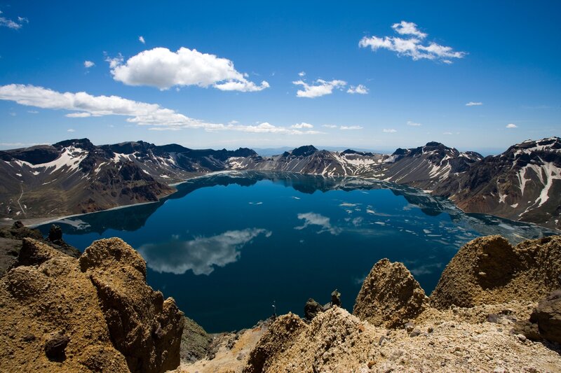 Crater Lake in Mountains — Blue, Serene, Afternoon, Photograph, Clouds
