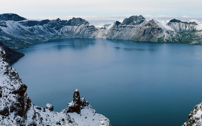 Crater Lake in Mountains — Blue, Serene, Winter