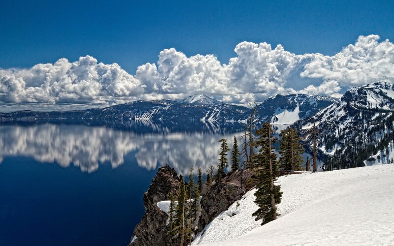 Crater Lake in Winter — Blue, Serene, Photograph, Snow, Clouds