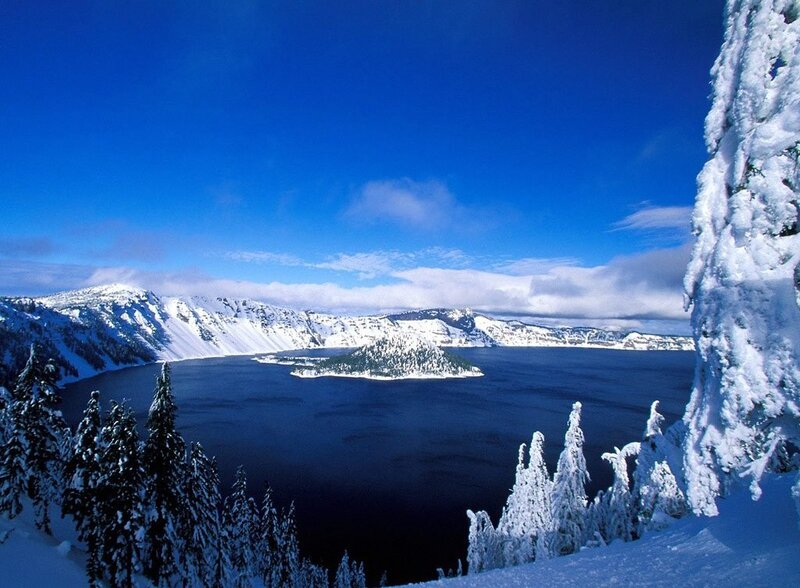 Crater Lake in Winter — Blue, Serene, Photograph, Snow-covered Trees, Island