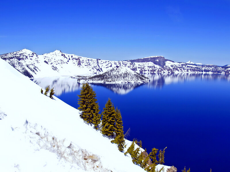 Crater Lake in Winter — Blue, Serene, Photograph, Snow, Pine Trees