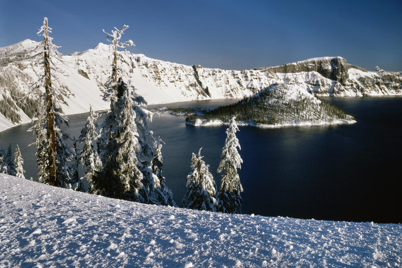 Crater Lake in Winter — Blue, Serene, Photograph, Snow