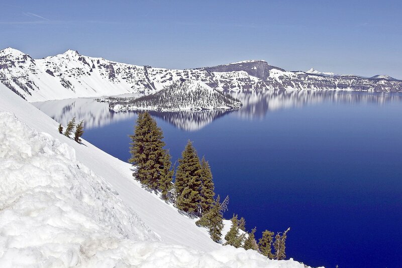Crater Lake in Winter — Blue, Serene, Photograph, Snow, Trees