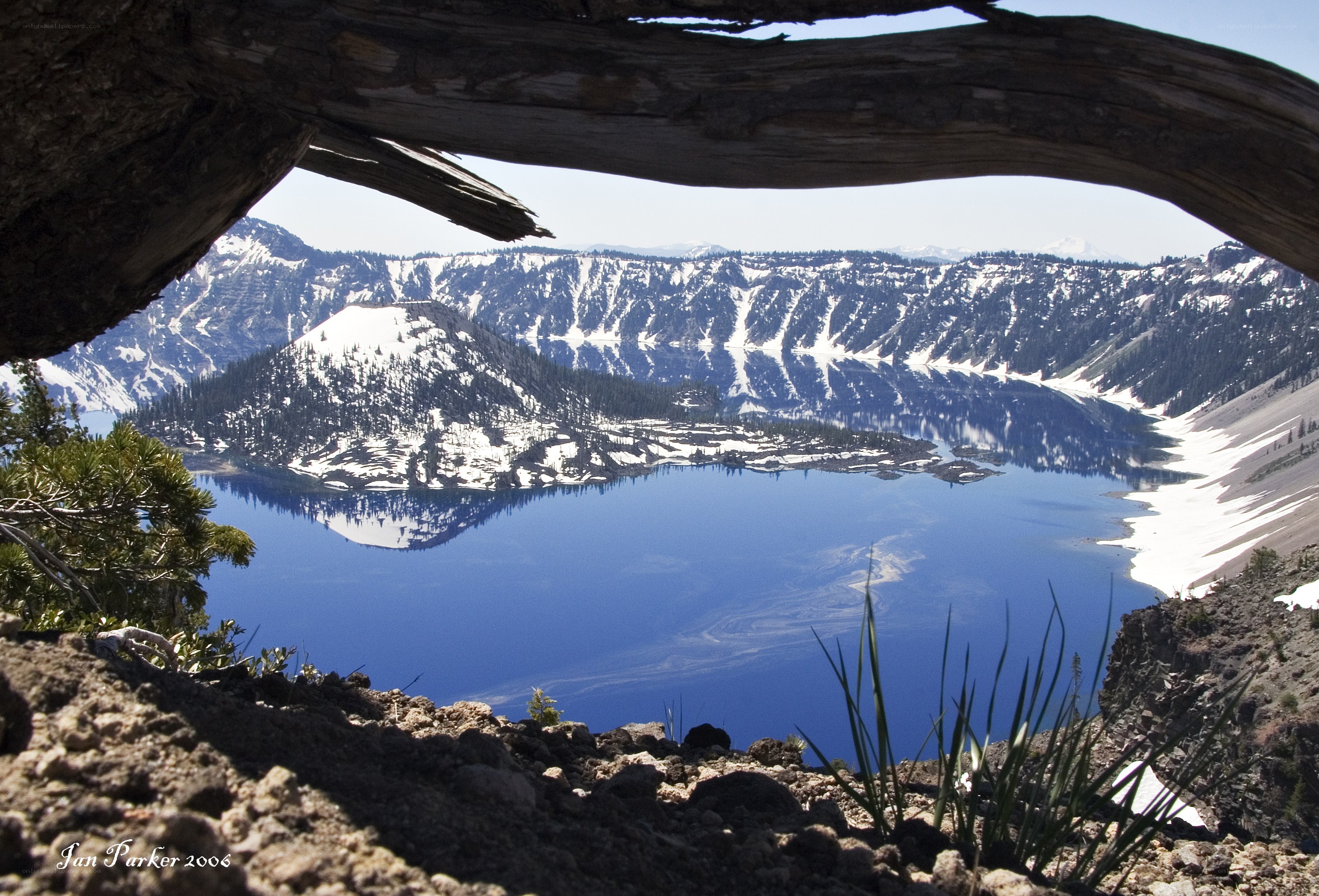Crater Lake through a tree frame