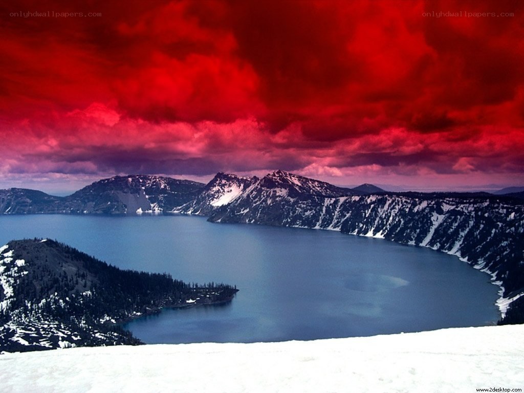 Crater Lake under red sky
