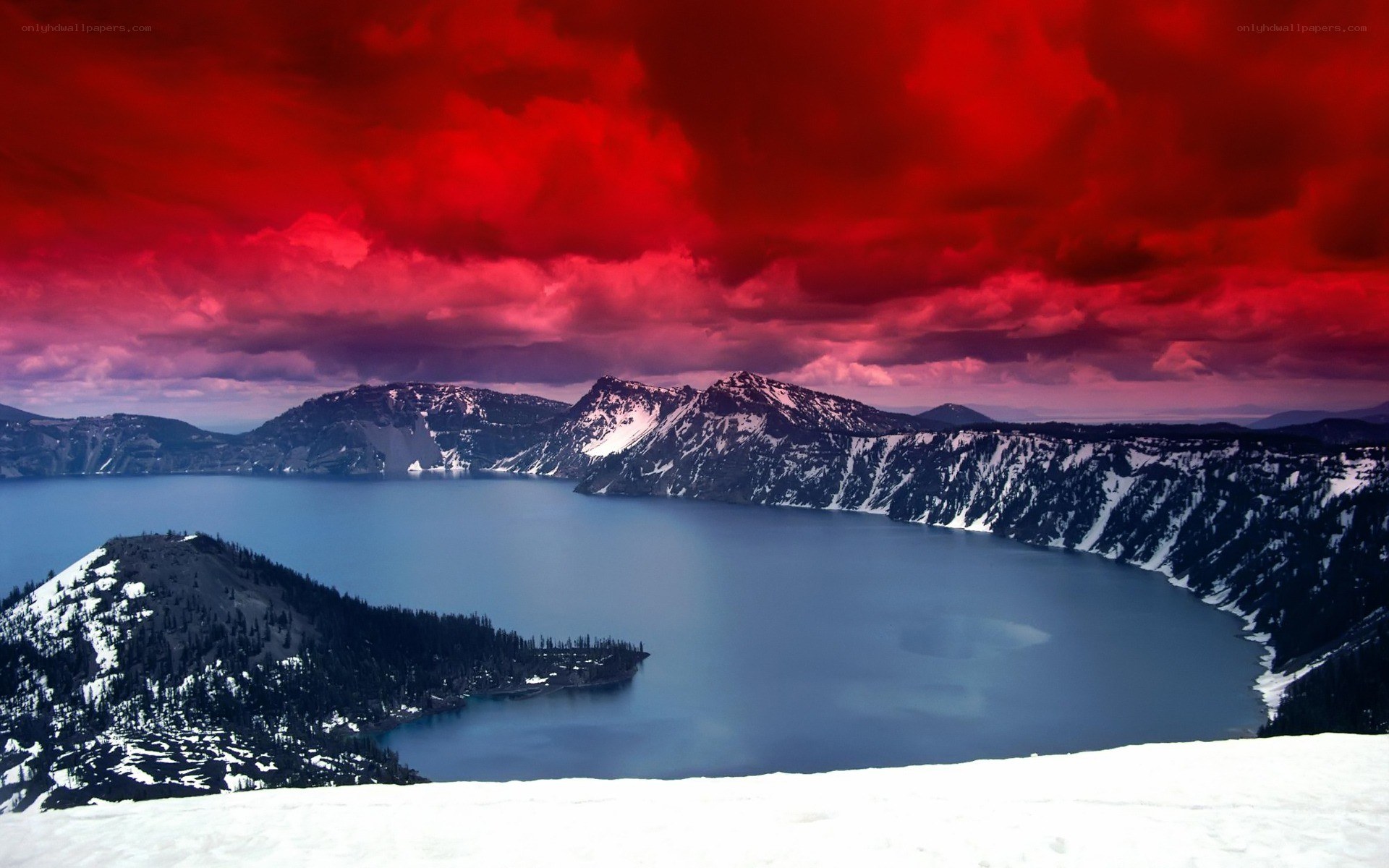 Crater Lake under red sky