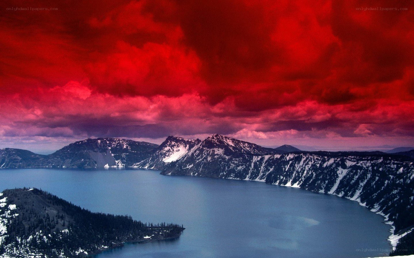 Crater Lake under red sky