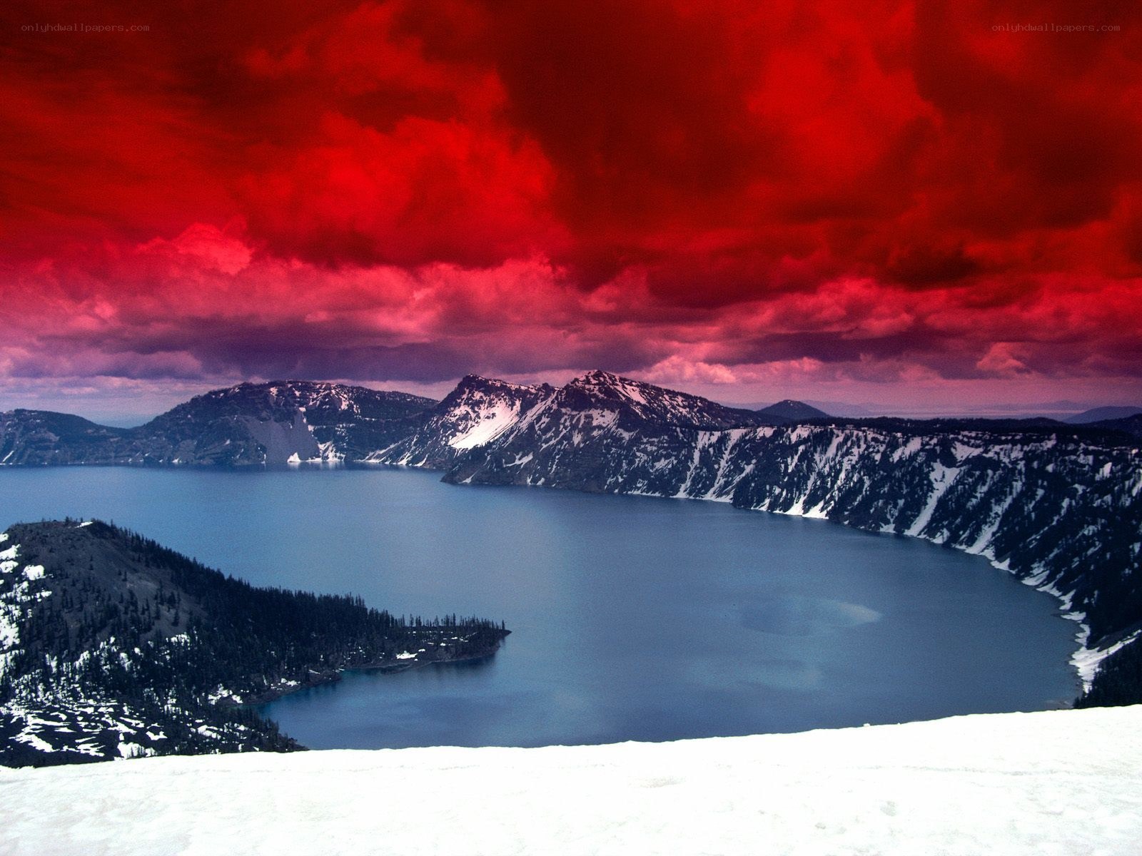 Crater Lake under red sky