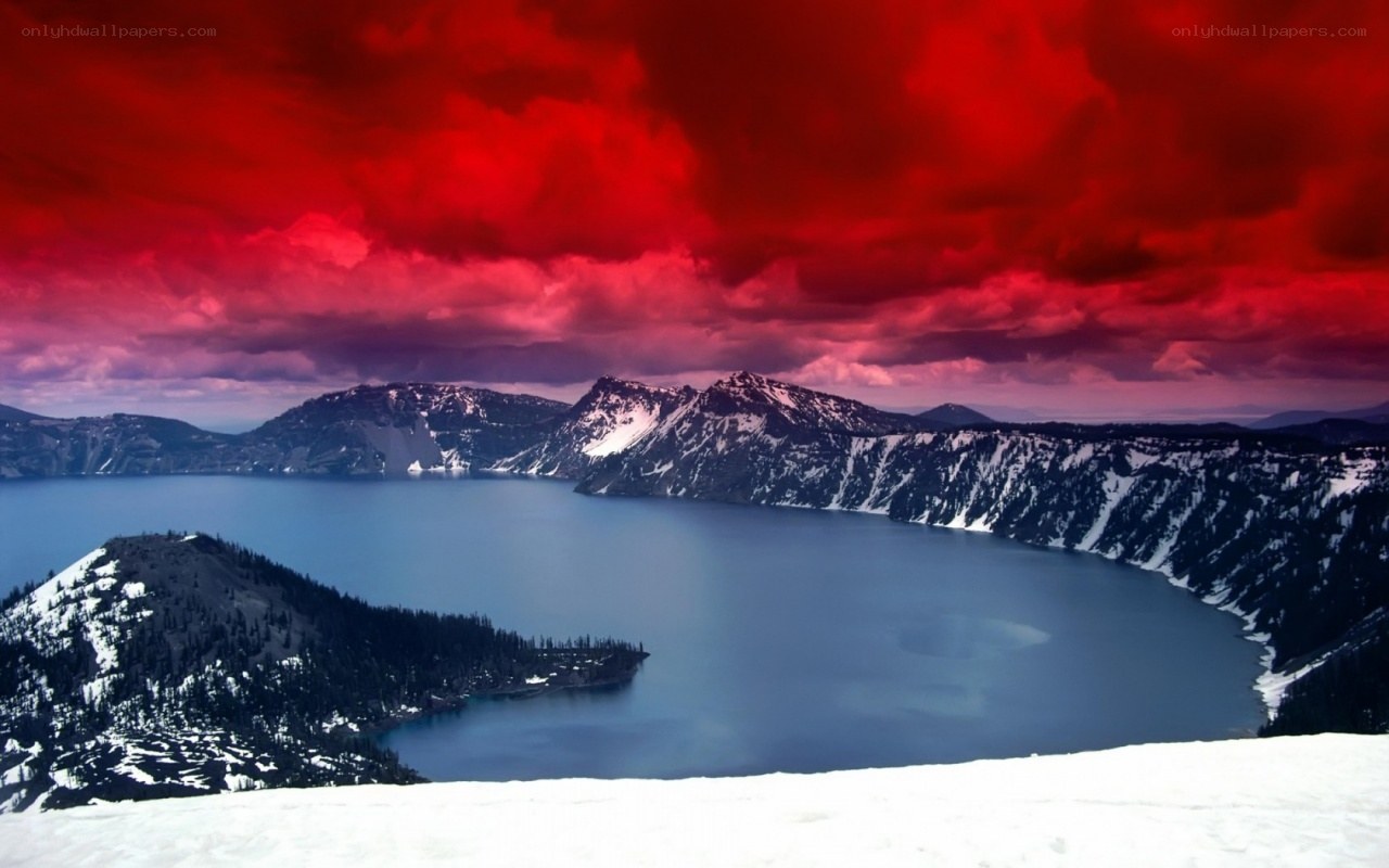 Crater Lake under red sky