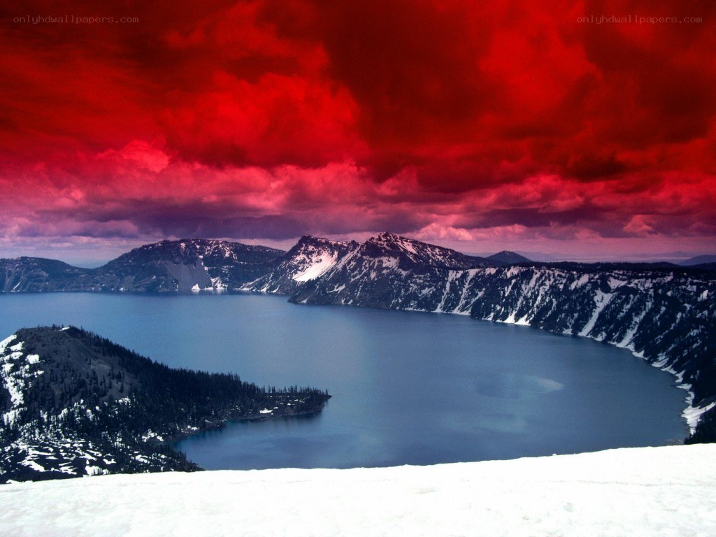 Crater Lake under red sky