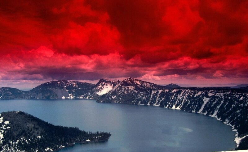 Crater Lake under red sky