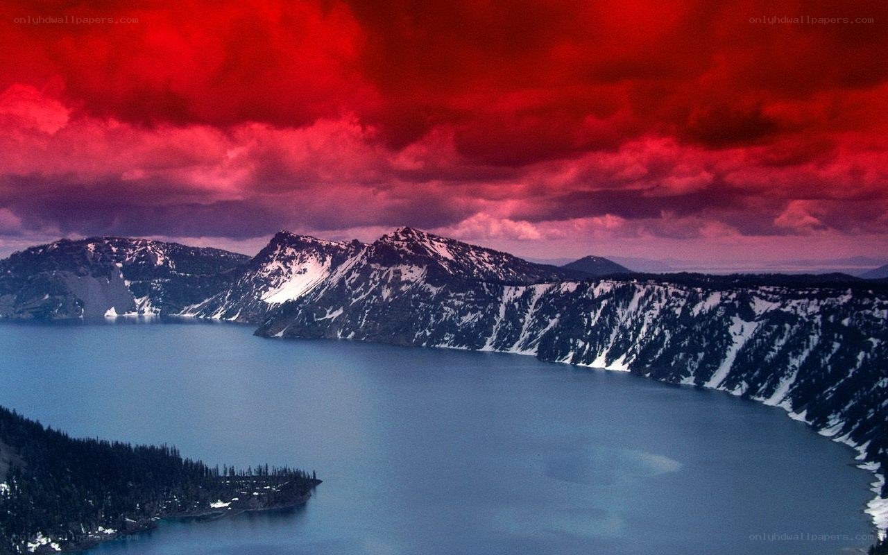 Crater Lake under red sky