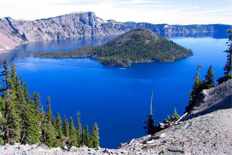 Crater Lake with Island — Blue, Serene, Afternoon, Photograph, Forest