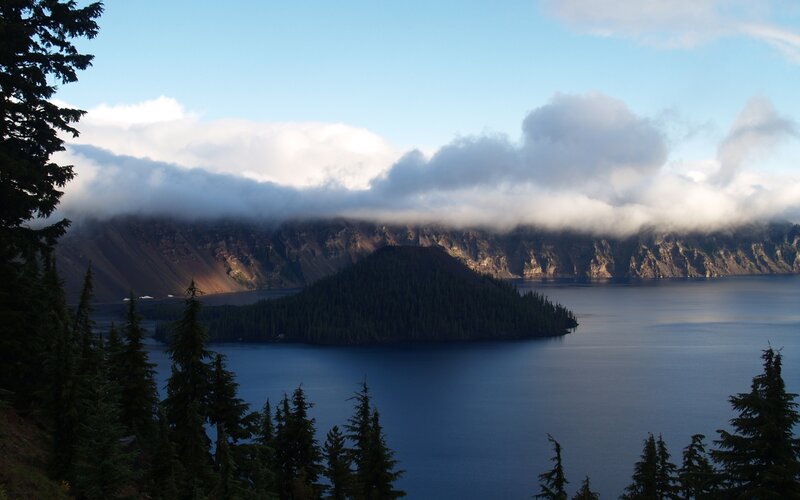 Crater Lake with Island — Blue, Serene, Morning, Photograph, Forest