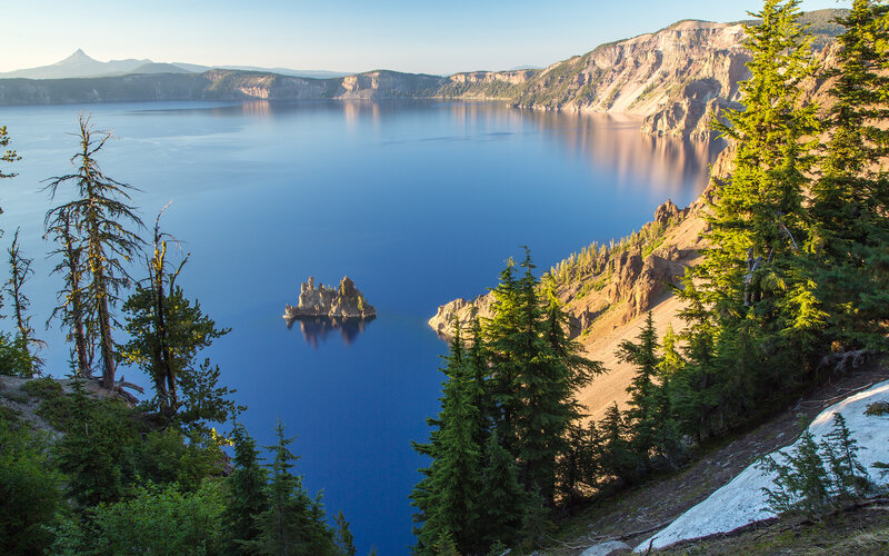 Crater Lake with Island — Blue, Serene, Morning, Photograph