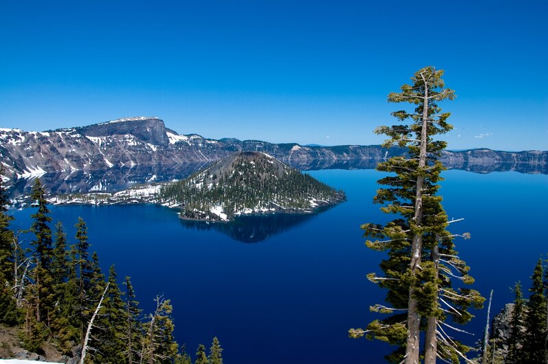 Crater Lake with Island — Blue, Serene, Summer, Photograph, Trees