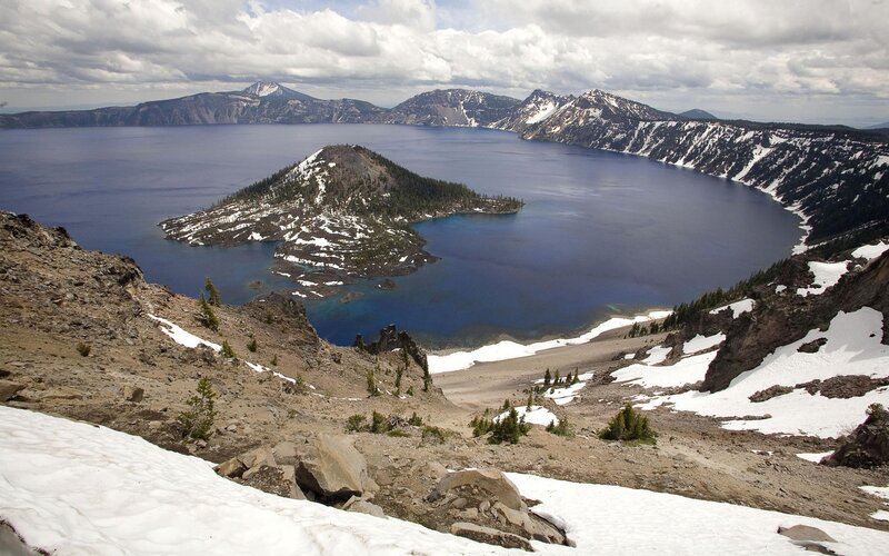 Crater Lake with Island — Blue, Serene, Winter, Photograph, Snow