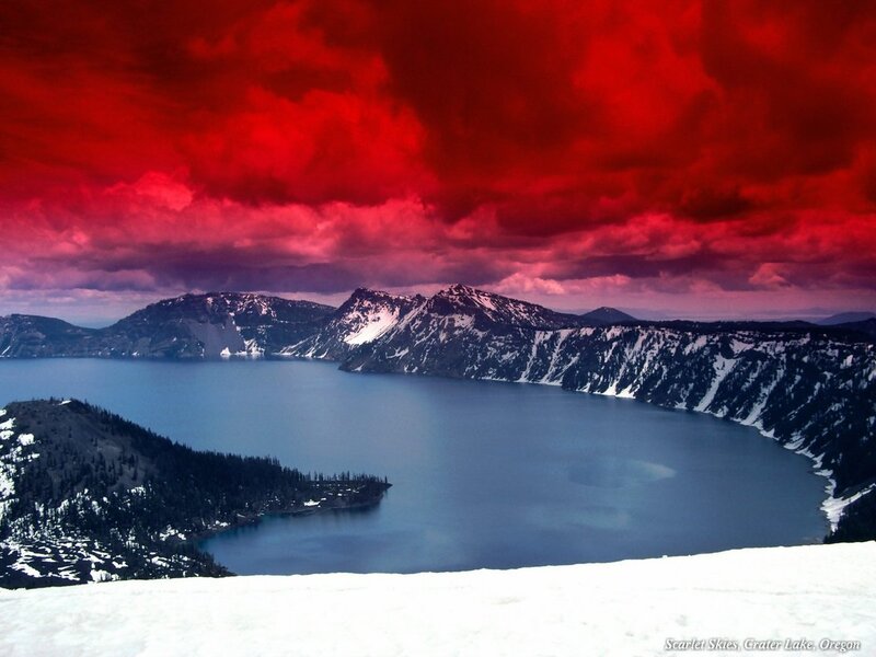 Crater Lake with Red Sky