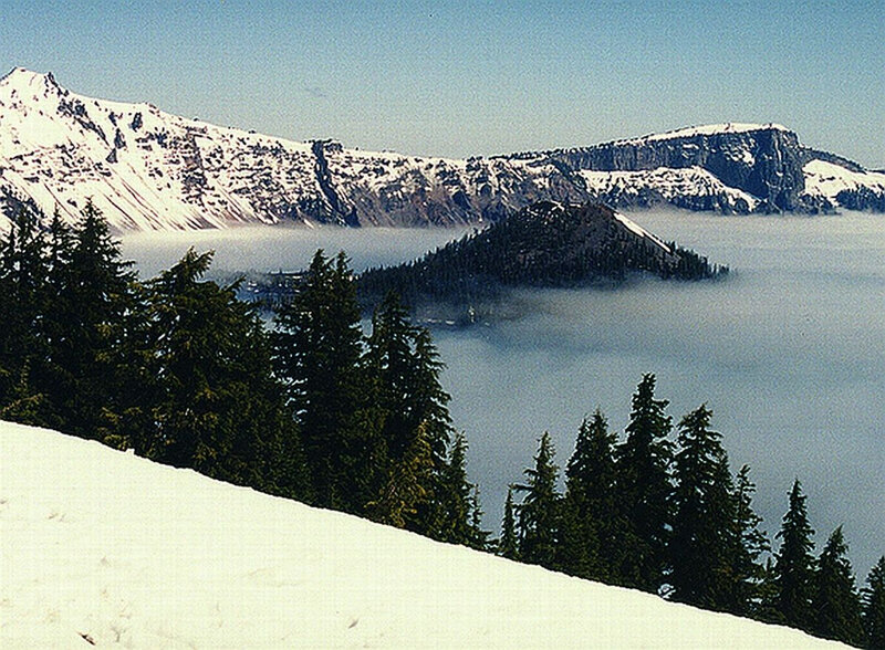 Crater Lake with snow and fog