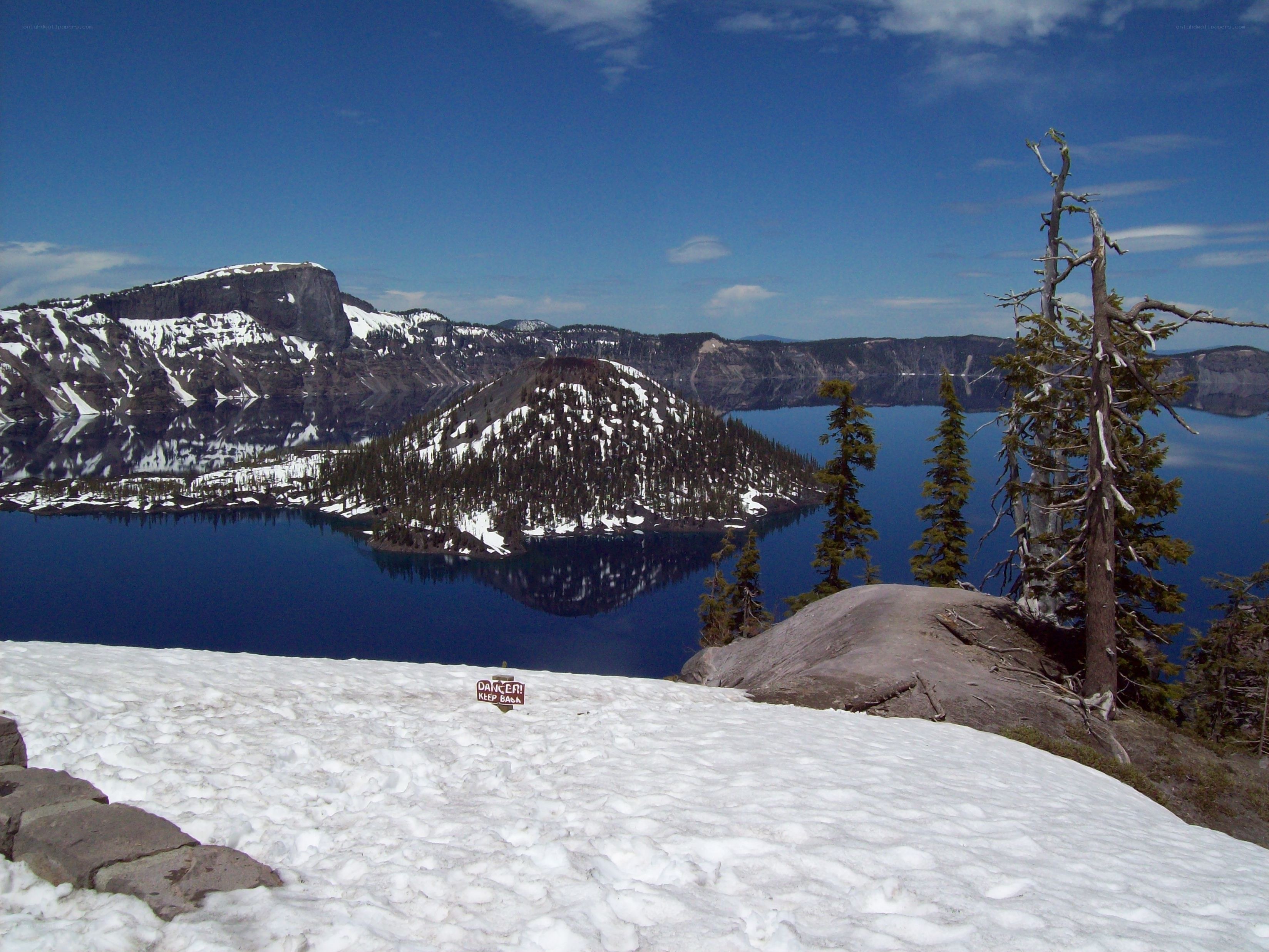 Crater Lake with snow and trees