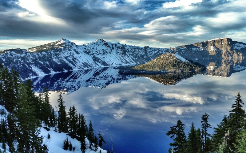 Crater Lake with Snow-covered Mountains — Blue