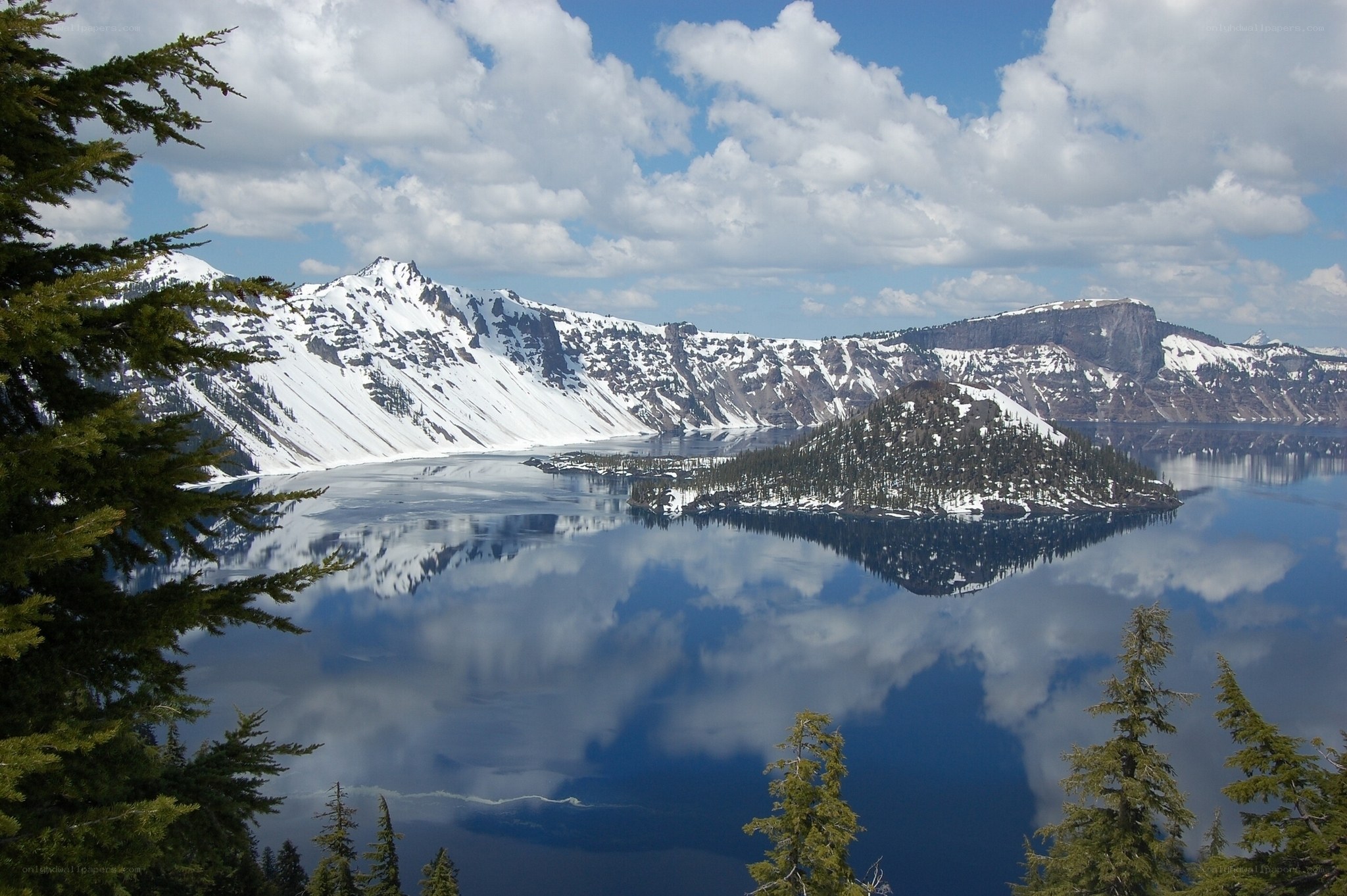 Crater Lake with snow-covered mountains