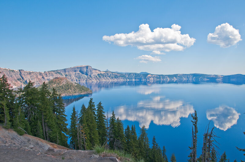 Crater Lake with Wizard Island — Blue, Serene, Afternoon, Photograph, Clouds