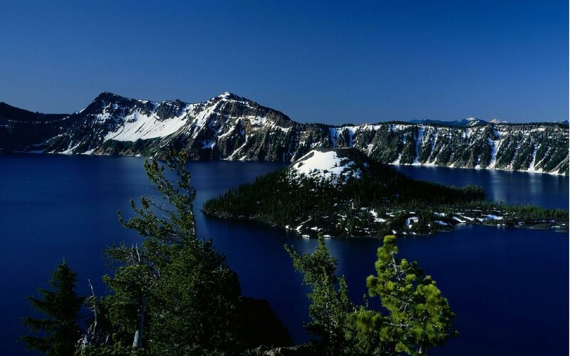 Crater Lake with Wizard Island — Blue, Serene, Summer, Photograph, Mountains
