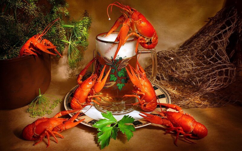 Crayfish and beer still life