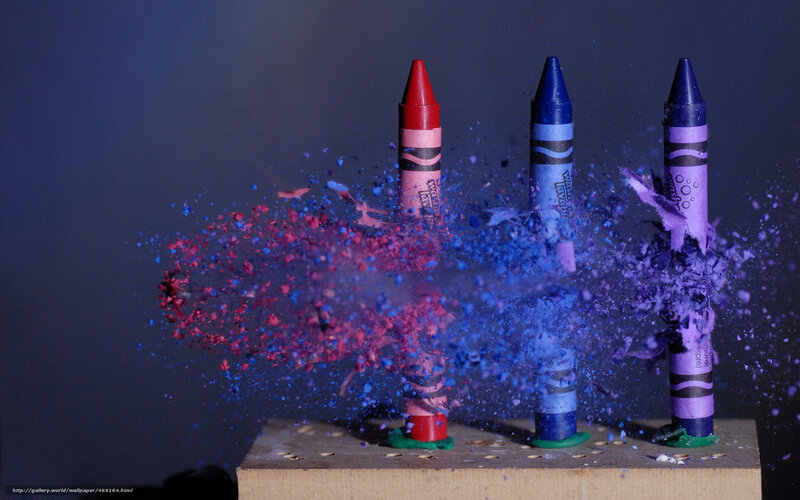Crayons Exploding — Blue, Dramatic, Photograph, Wood Block