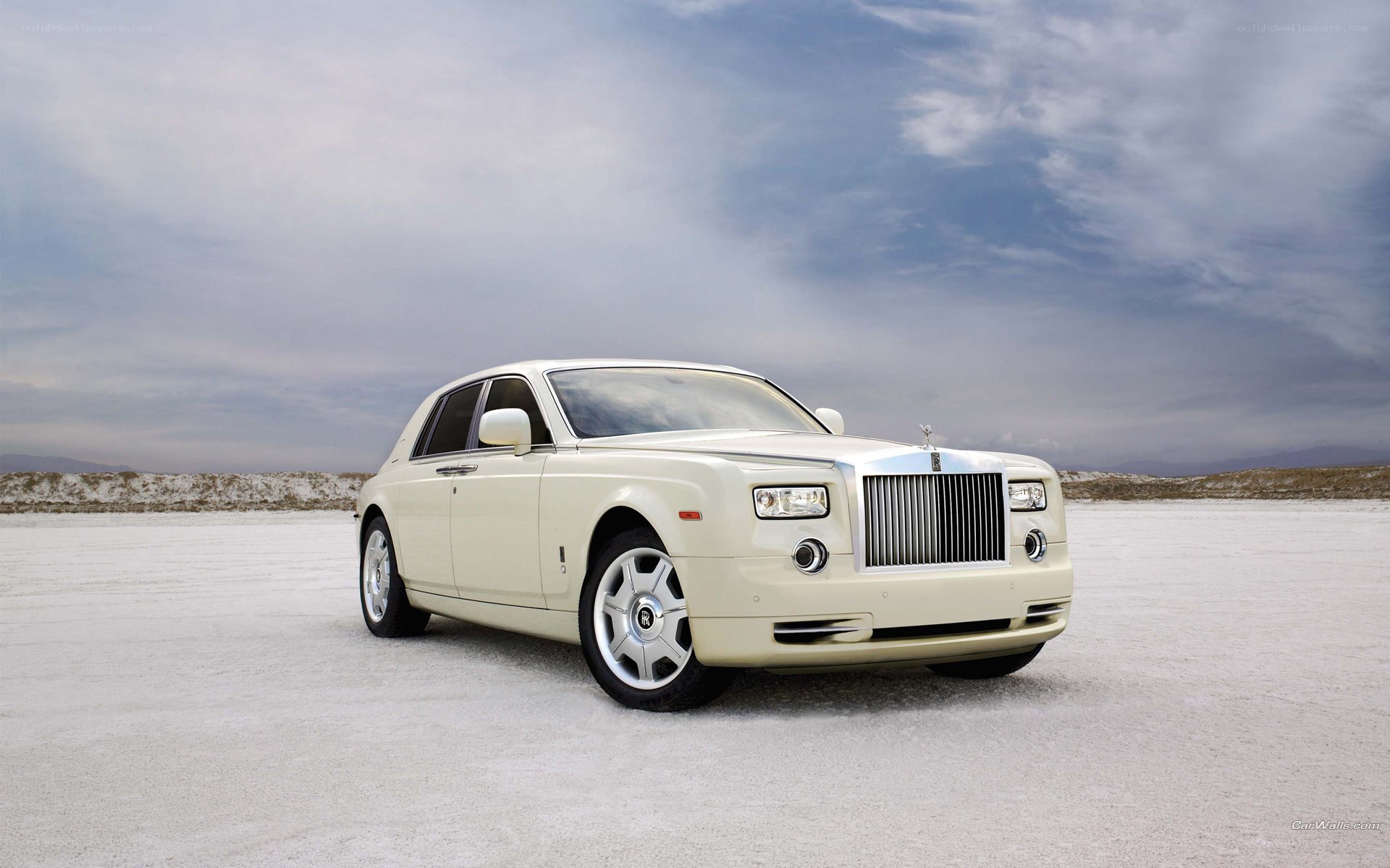 Cream Rolls-Royce on salt flat