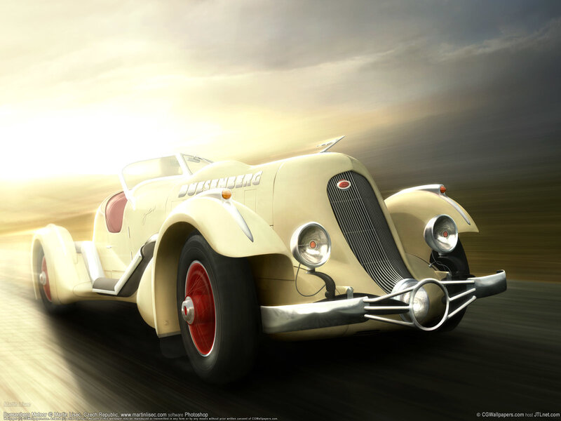 Cream Vintage Car — Dramatic, Sunset, Digital Art, Road