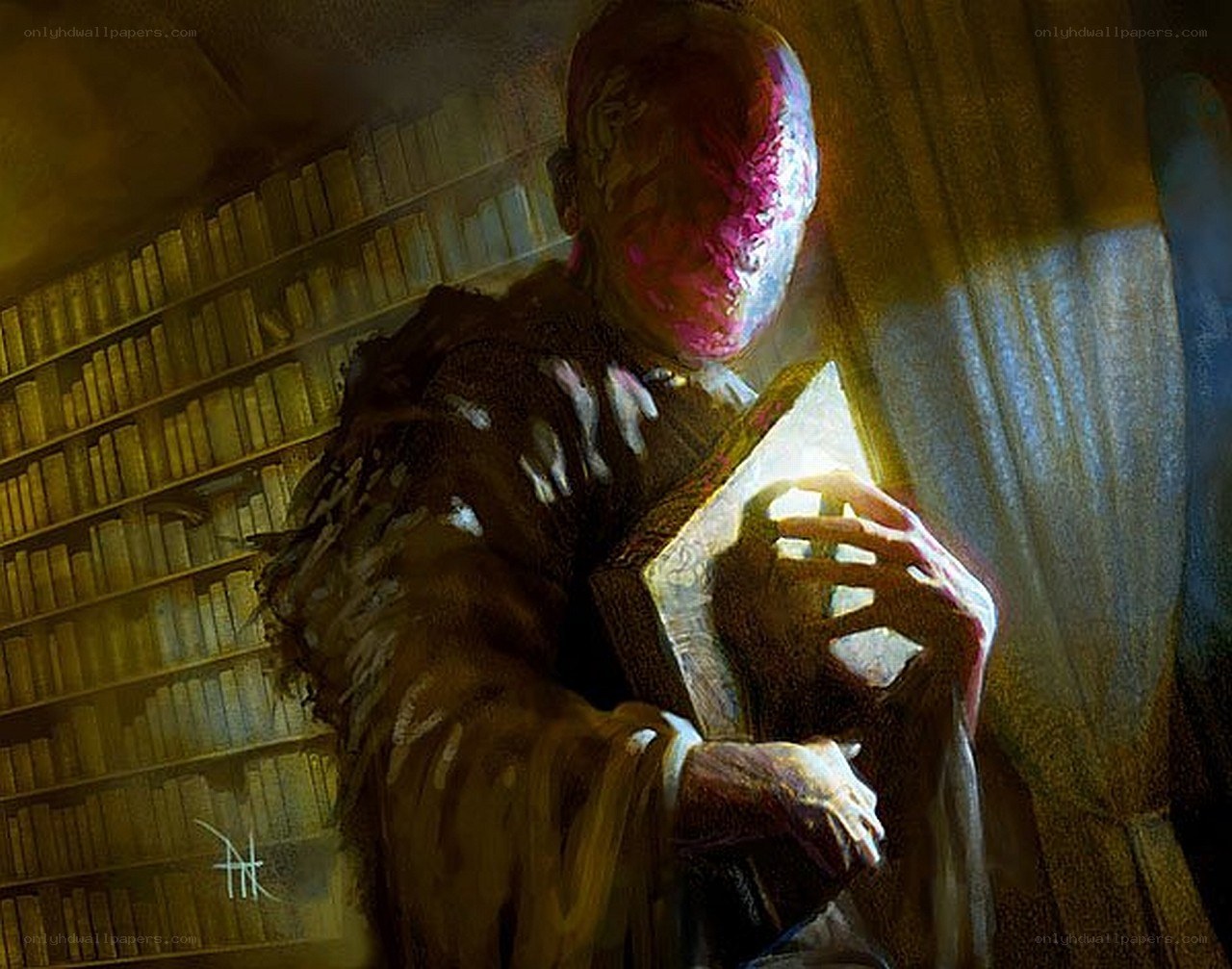 creature reading in a library