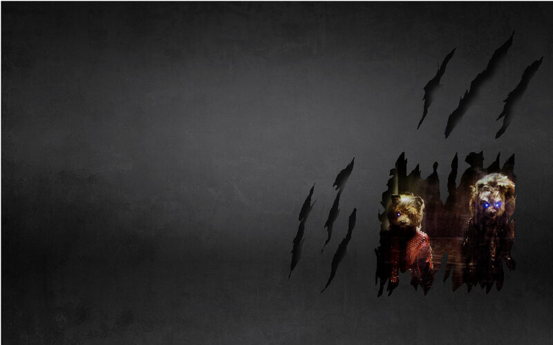 creepy bear figures behind torn wall