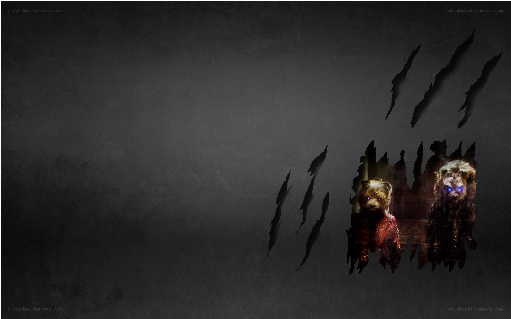 creepy bear figures behind torn wall