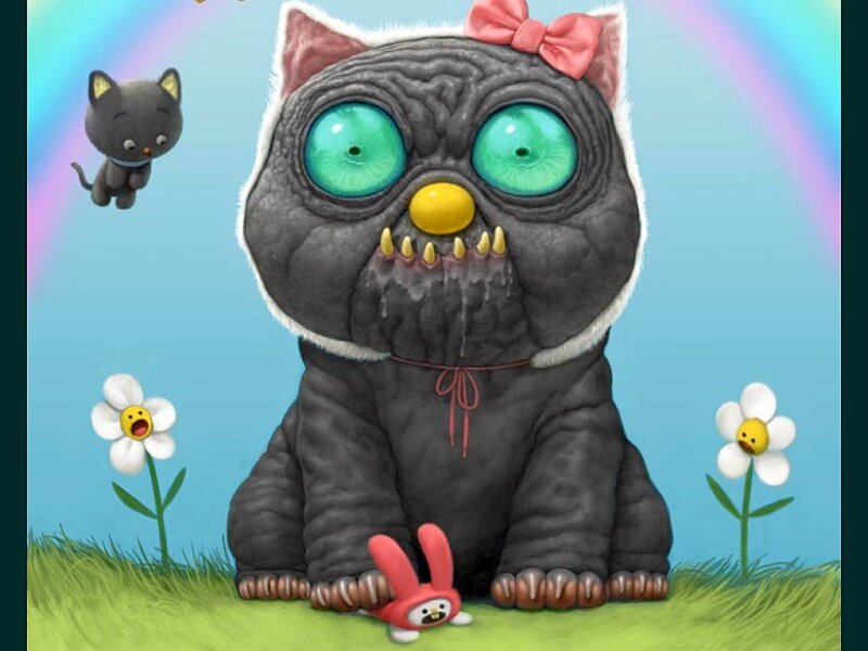 creepy cat with rainbow